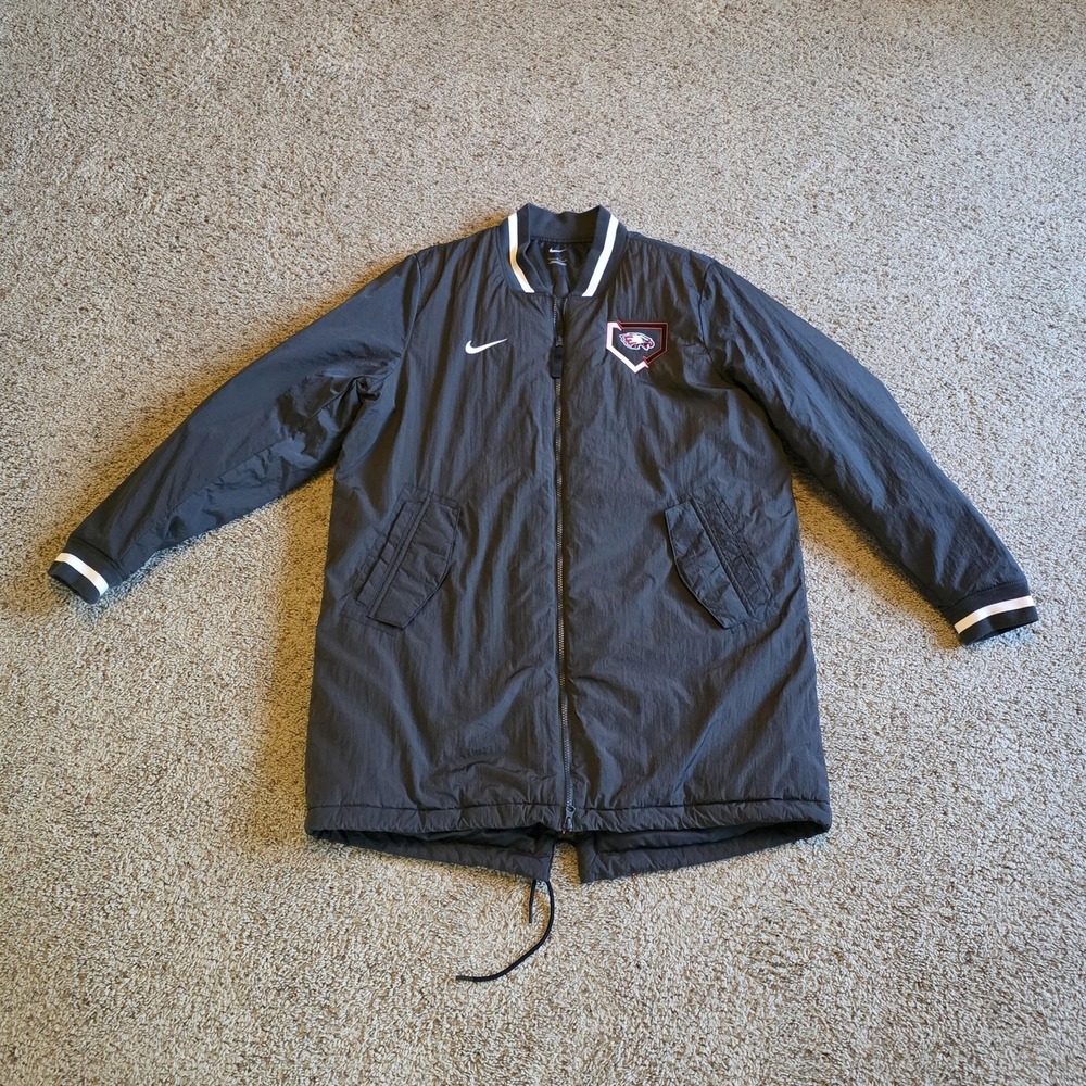 Nike Jacket Mens Large Gray Long‎ Puffer Baseball Dugout Coat Zip Swoosh Logo